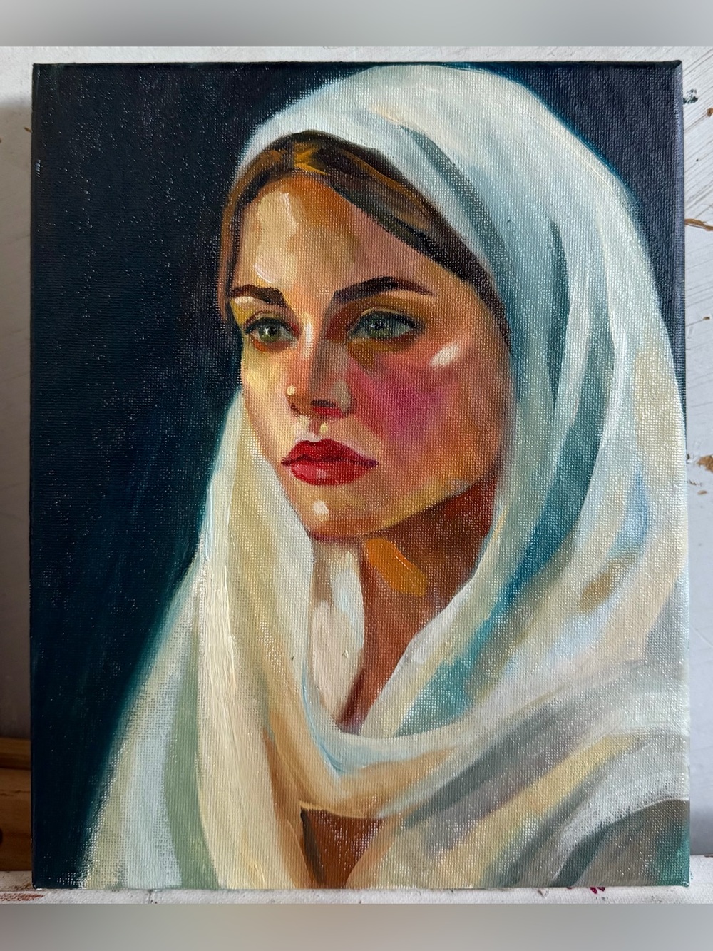 Sold. Commission available. Original Oil Painting “Woman in White Veil», 10x8
